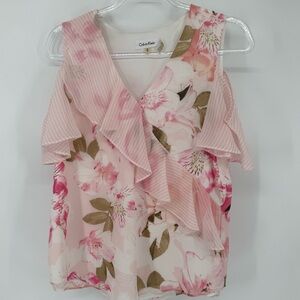 Calvin Klein Pink Ruffled Floral Tank Blouse Small Coquette Office wear Vacation